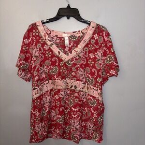 Vintage Old Navy Y2K Pink Paisley Blouse Short Sleeve Boho Artsy Women's Size XL
